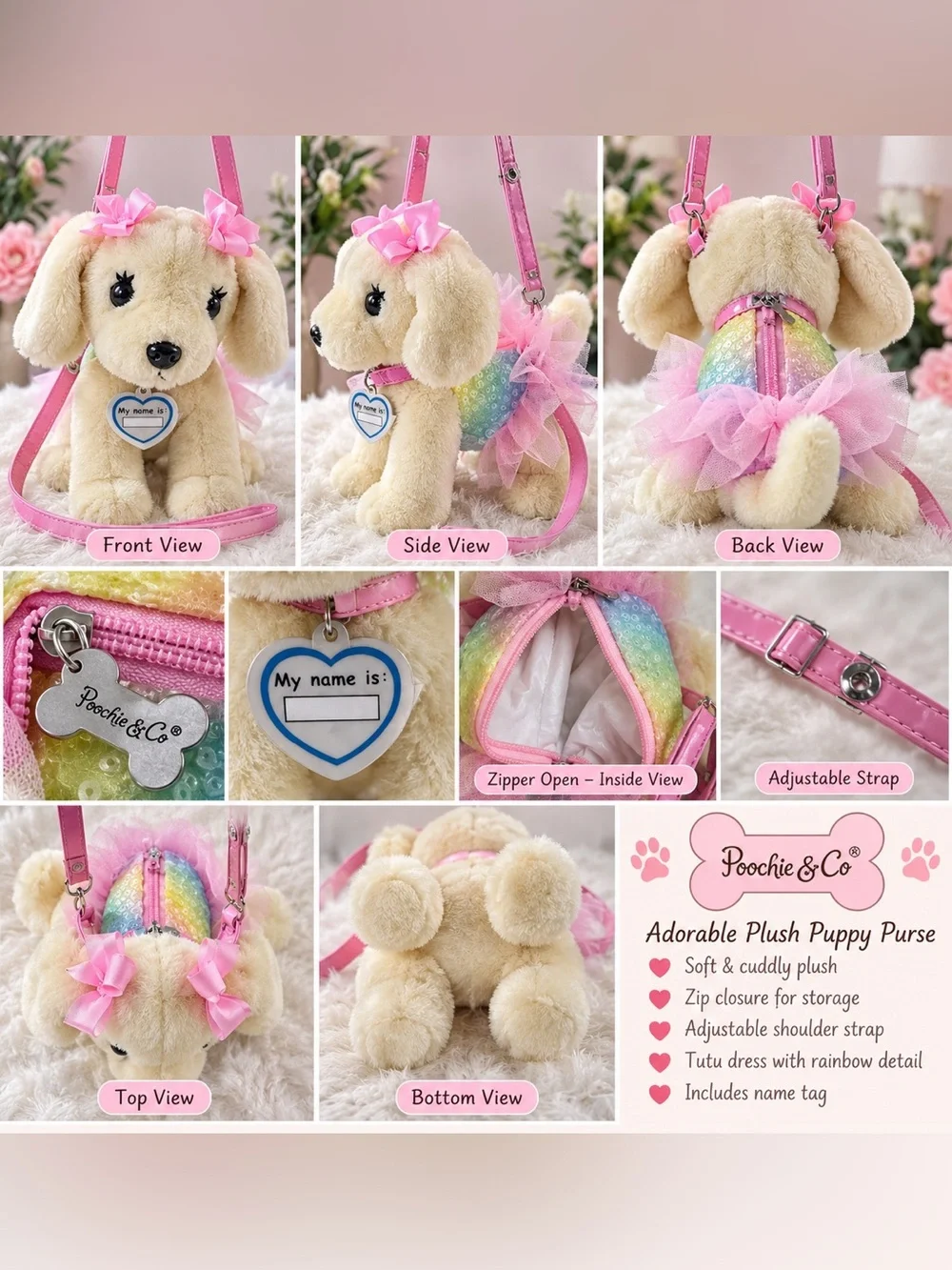 Poochie & Co Plush Puppy Dog Purse Kids Pink Tutu Rainbow Sequin Shoulder Bag
